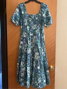 Smocked Square-Neck Maxi Dress in Teal Floral (brighter green than the photo)